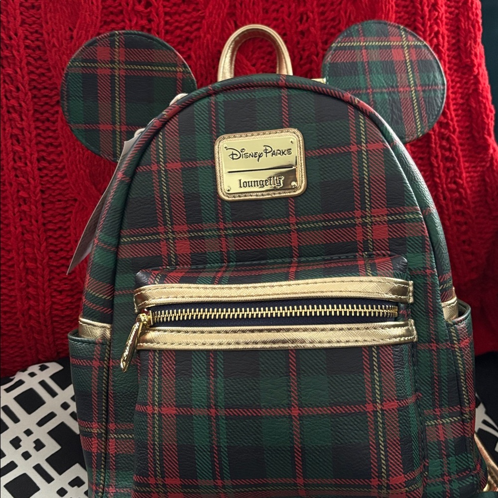 Loungefly Red and Green Plaid Backpack with Gold Details Disney